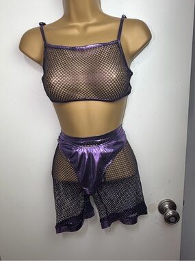 Club Ex X Dolls Kill Metallic Violet Sonic Worship 3-Piece Fishnet Set NWT Sz M